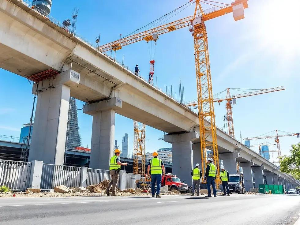 Site crew in hi-vis beneath an elevated viaduct under construction, with tower cranes overhead